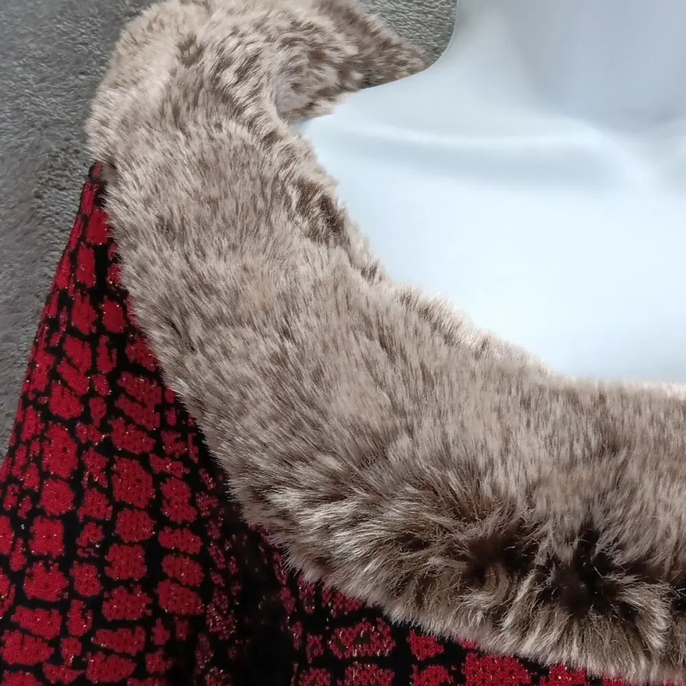 Carmen Marc Valvo Sweater w/ Faux Fur Collar Red‎ & Black Women's Size Small